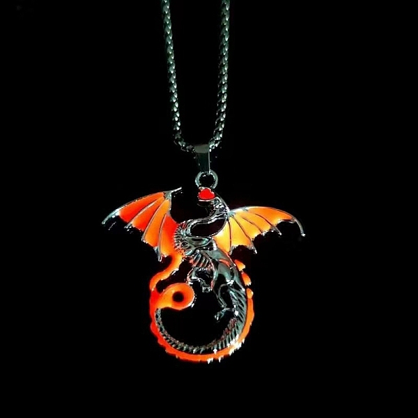 

PandaHall Stainless Steel Box Chain Necklaces, Luminous Dragon Flame Pandant Necklace, Orange Red, 23.62 inch(60cm) Stainless Steel Dragon