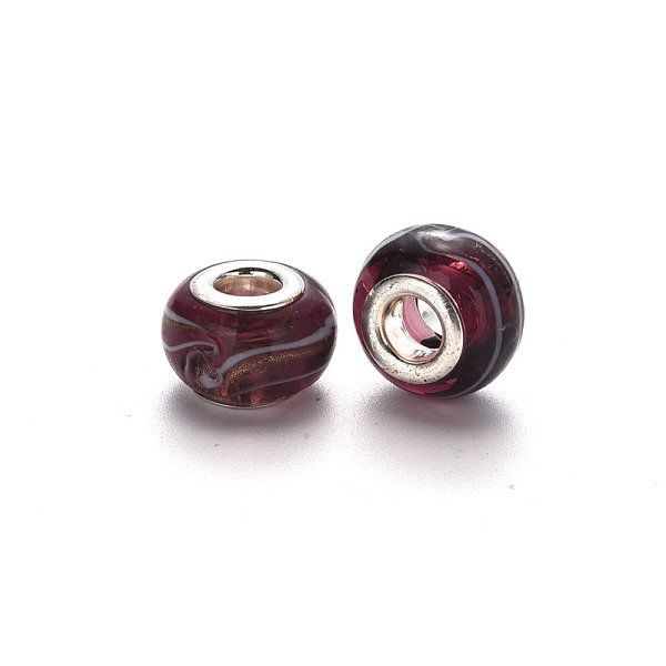 

PandaHall Handmade Lampwork European Beads, Large Hole Rondelle Beads, with Glitter Powder and Platinum Tone Brass Double Cores, Coconut...