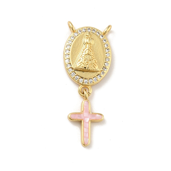 

PandaHall Brass Charms, with Shell, Cadmium Free & Lead Free, Long-Lasting Plated, Oval with Cross, Real 18K Gold Plated, Pink, 30mm, Hole...
