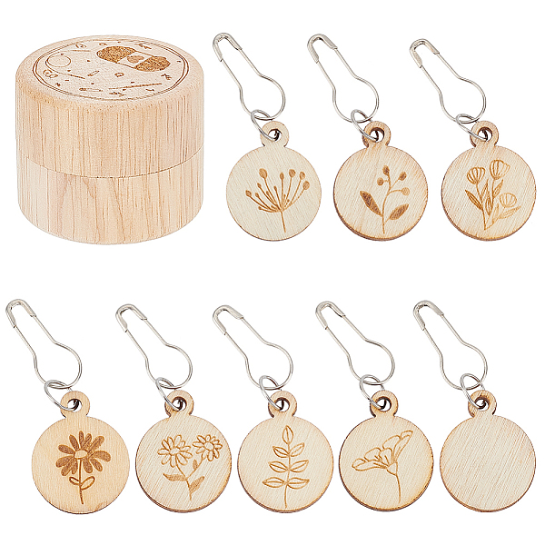 PandaHall Wooden with Alloy Locking Stitch Marker, Flat Round with Flower/Leaf Pattern, Bisque, Marker: 5cm Wood Flat Round Orange