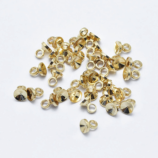

PandaHall Brass Bead Cap Bails, Flat Round, Long-Lasting Plated, Nickel Free, Real 18K Gold Plated, 4x3.5mm, Hole: 2mm Brass