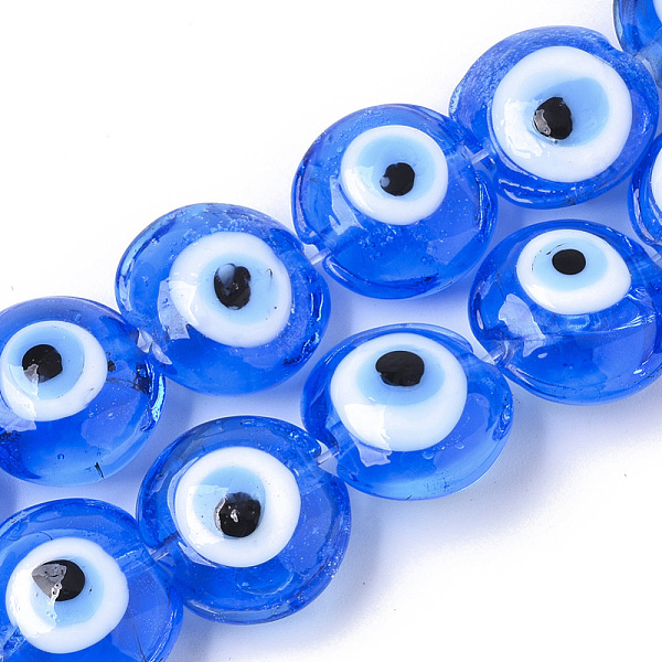 PandaHall Handmade Evil Eye Lampwork Beads Strands, Flat Round, Blue, 16~17x8~9mm, Hole: 1.8mm, about 24pcs/strand, 12.60''(32cm) Lampwork...