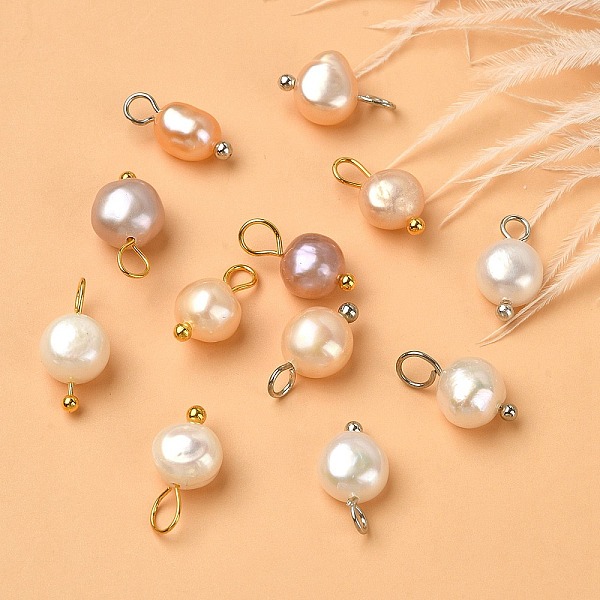 

PandaHall 12Pcs 2 Colors Natural Cultured Freshwater Pearl Charms, with Platinum Brass Ball Head Pins, Oval, Platinum & Golden...