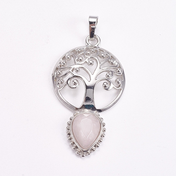 

PandaHall Brass Pendants, Natural Rose Quartz, Faceted, Hollow Flat Round with Tree of Life and Teardrop, Platinum, 49x27x6mm Rose Quartz...