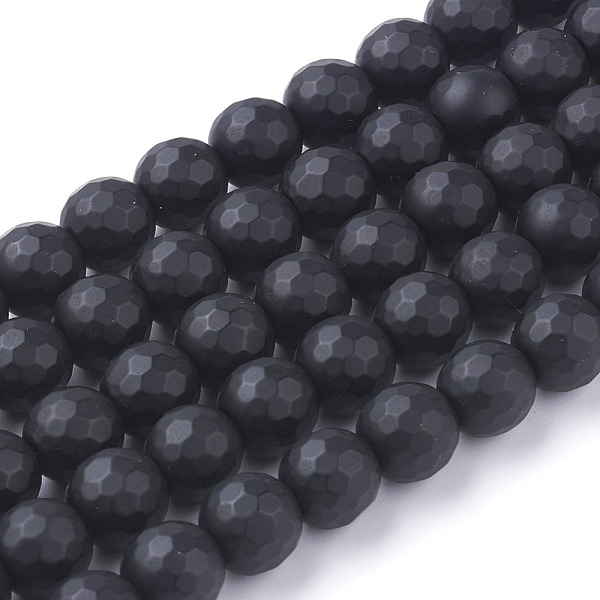 PandaHall Synthetic Black Stone Beads Strands, Dyed, Faceted, Frosted, Round, Black, 8mm Black Stone Round Black