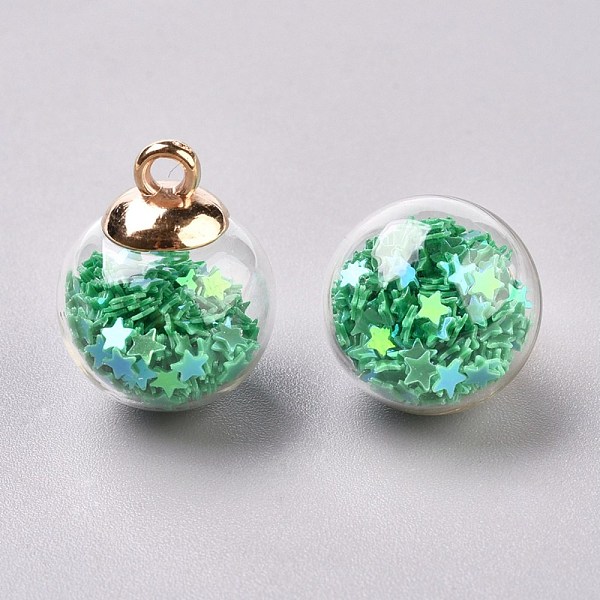 

PandaHall Glass Ball Pendants, with Star Glitter Sequins and Golden Plated CCB Plastic Cup Peg Bails, Round, Lime Green, 20.5x15mm, Hole...