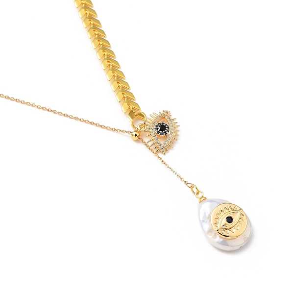 

PandaHall Brass Lariat Necklaces, with Cubic Zirconia and Natural Cultured Freshwater Pearl Pendants, Teardrop & Eye, Golden, 18.54 inch..., White