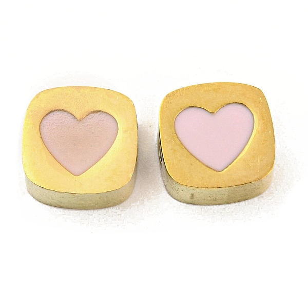 

PandaHall Ion Plating(IP) Rack Plating 316L Surgical Stainless Steel Beads, with Enamel, Real 18K Gold Plated, Square with Heart, Misty Rose...