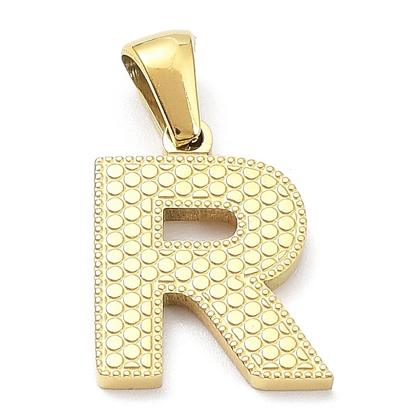 

PandaHall Ion Plating(IP) 316L Surgical Stainless Steel Pendants, Real 18K Gold Plated, Letter Charm, Textured, Letter R, 17x13x1.6mm, Hole...