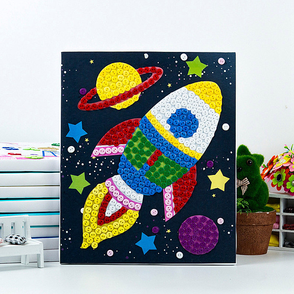 PandaHall Creative DIY Rocket Pattern Resin Button Art, with Canvas Painting Paper and Wood Frame, Educational Craft Painting Sticky Toys...