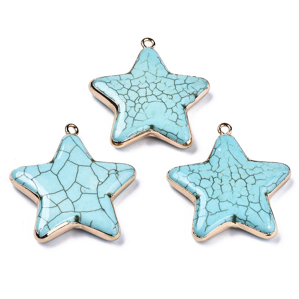 

PandaHall Star Synthetic Turquoise Pendants, with Light Gold Plated Brass Edge and Loop, Dyed, 43x40~41x7mm, Hole: 2.5mm Synthetic Turquoise...