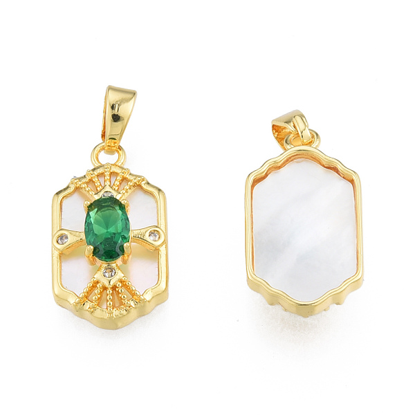 

PandaHall Brass Micro Pave Clear Cubic Zirconia Pendants, with Shell and Glass, Real 18K Gold Plated, Nickel Free, Hexagon, Green...