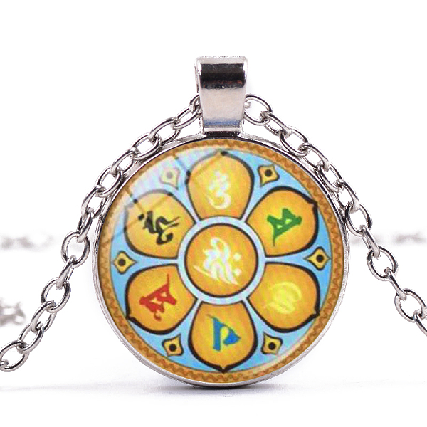 

PandaHall 7 Chakra Glass Pendant Necklace, Yoga Theme Alloy Jewelry for Women, Platinum, 50~55cm Glass
