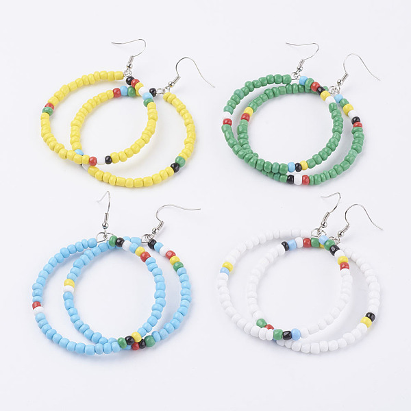 

PandaHall Seed Beads Basketball Wives Hoop Earrings, with Brass Earring Hooks, Ring, Platinum, Mixed Color, 75mm, pin: 0.6mm Seed Beads Ring..., Multicolor