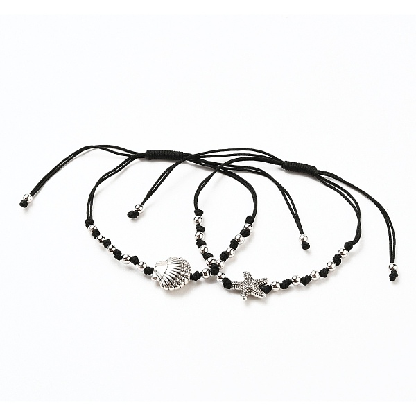 

PandaHall Adjustable Nylon Thread Braided Bead Bracelets Sets, with Brass Round Beads and Alloy Starfish & Shell Shape Beads, Antique Silver..., Black