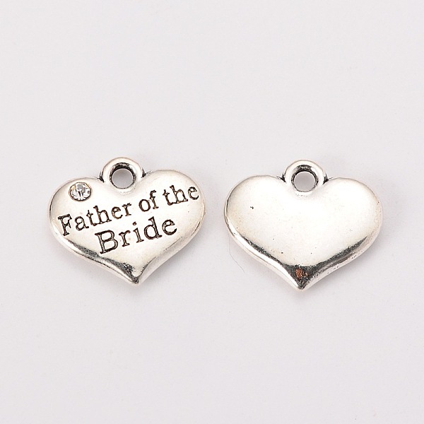 PandaHall Wedding Theme Antique Silver Tone Tibetan Style Alloy Heart with Father of the Bride Rhinestone Charms, Cadmium Free & Lead Free...