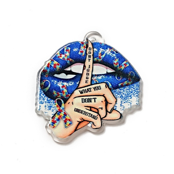 

PandaHall Printed Acrylic Pendants, Lips Finger with Word Don't Jugde What You Don't Understand Charms, 34x31x2mm, Hole: 1.8mm Acrylic Lip