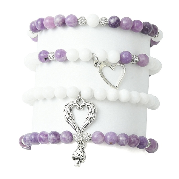 

PandaHall 4Pcs 4 Style Natural Mixed Gemstone Beaded Stretch Bracelets Set, Heart & Mushroom Alloy Charms Stackable Bracelets, Inner...