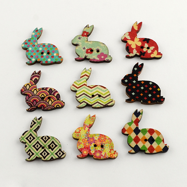 

PandaHall 2-Hole Bunny Printed Wooden Buttons, Rabbit Silhouette, Mixed Color, 30x31x2.5mm, Hole: 1.5mm Wood Rabbit Multicolor