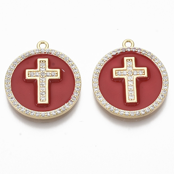 

PandaHall Brass Micro Pave Cubic Zirconia Pendants, with Enamel, Nickel Free, Flat Round with Cross, Clear, Real 18K Gold Plated, Clear, Red...
