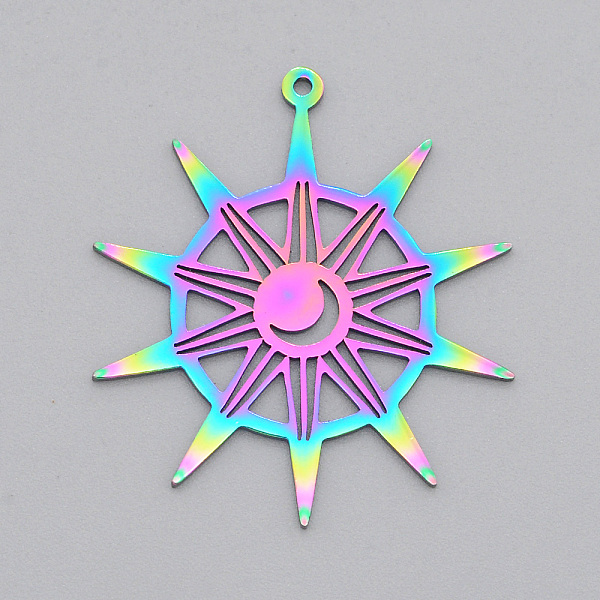 

PandaHall Ion Plating(IP) 201 Stainless Steel Pendants, Laser Cut, Sun with Moon, Rainbow Color, 33.5x30x1mm, Hole: 1.4mm 201 Stainless...