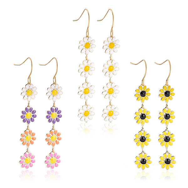 

PandaHall ANATTASOUL 3 Pairs 3 Colors Enamel Daisy Flower Dangle Earrings, Light Gold Brass Long Drop Earrings for Women, Mixed Color, 64mm..., Multicolor