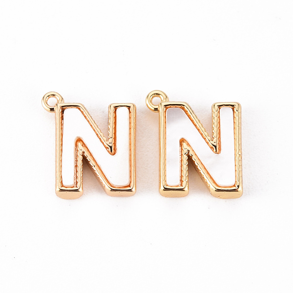 

PandaHall Brass Charms, with Shell, Real 18K Gold Plated, Nickel Free, Letter.N, 10x9x2mm, Hole: 0.8mm White Shell Letter N