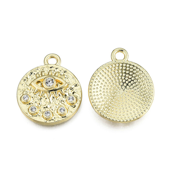 

PandaHall Rack Plating Alloy Pendants, with Crystal Rhinestone, Flat Round with Horse Eye, Cadmium Free & Nickel Free & Lead Free, Light..., Clear
