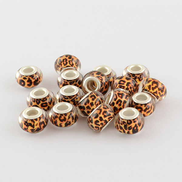 Large Hole Resin European Beads, with Silver Color Plated Brass Double Cores, Rondelle, Chocolate, 14x9mm, Hole: 5mm