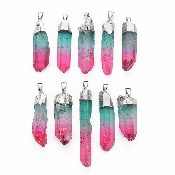 

PandaHall Natural Quartz Crystal Pointed Pendants, with Iron Findings, Plated Platinum, Nuggets, Dyed, Hot Pink, 45~54x8~14x5~12mm, Hole..., Purple
