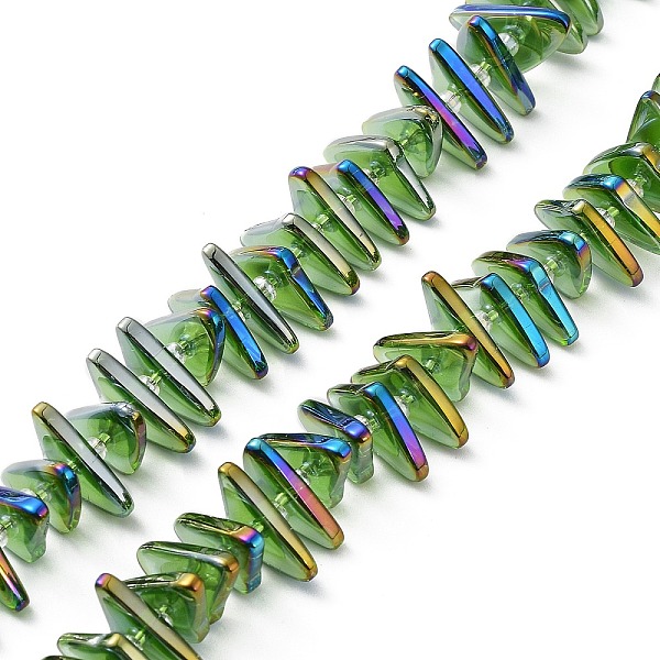 

PandaHall Electroplate Transparent Glass Beads Strands, Rainbow Plated, Triangle, Green, 9x15.5~16mm, Hole: 1mm, about 120pcs/strand...