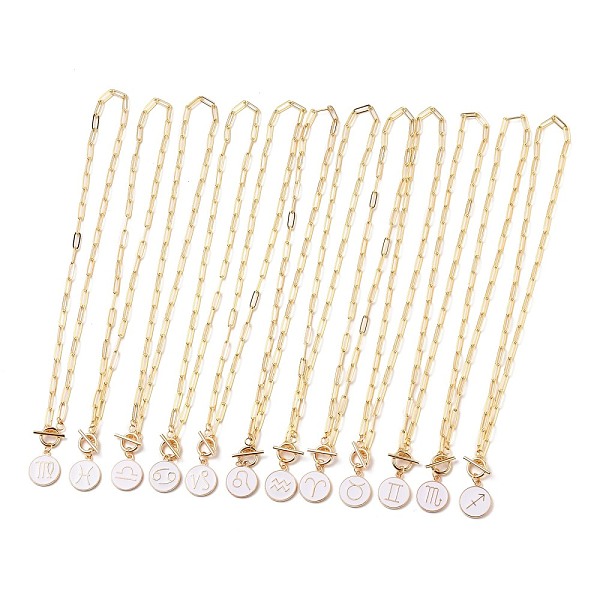 

PandaHall Flat Round with 12 Constellation/Zodiac Sign Alloy Enamel Pendant Necklaces Sets, with Brass Paperclip Chains and 304 Stainless..., White