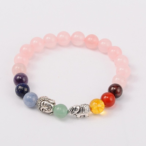

PandaHall Stretch Buddhist Jewelry Multi-Color Gemstone Chakra Bracelets, with Tibetan Style Beads, Antique Silver, Rose Quartz, 55mm Rose..., Pink