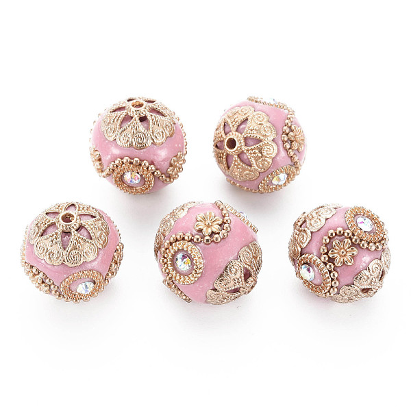 

PandaHall Handmade Indonesia Beads, with Crystal AB Rhinestone and Golden Tone Brass Findings, Round, Pink, 20x19~20mm, Hole: 1.5~1.8mm...
