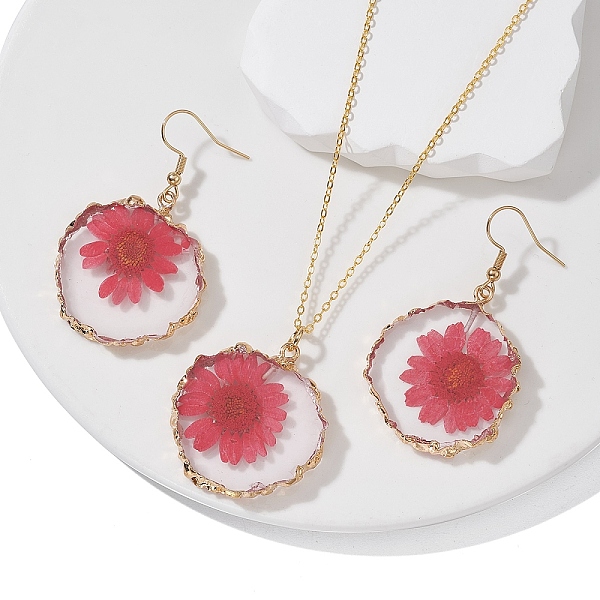 Ensembles de boucles d'oreilles pendantes et de colliers pendentifs en résine avec fleurs séchées intérieures