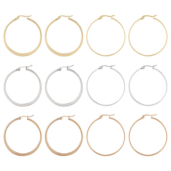 

PandaHall 6 Pairs 6 Style 304 Titanium Steel Flattened Big Hoop Earrings for Women, Mixed Color, 42x40x2~3mm, Pin: 1x0.7mm, 1 pair/style...