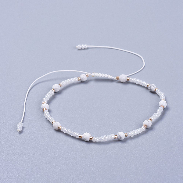 

PandaHall Adjustable Nylon Thread Braided Beaded Bracelets, with Glass Seed Beads and Faceted Natural Howlite Round Beads, 2-1/8 inch(5.4cm)..., White