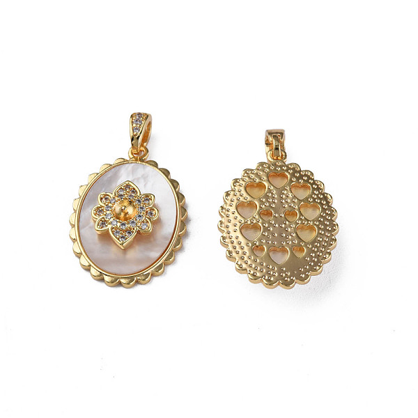 

PandaHall Brass Micro Pave Clear Cubic Zirconia Pendants, with Natural Shell, Real 18K Gold Plated, Nickel Free, Oval with Flower, Creamy...