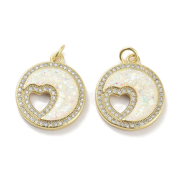 

PandaHall Brass Micro Pave Clear Cubic Zirconia Pendants, with Synthetic Opal and Jump Rings, Real 18K Gold Plated, Flat Round with Heart..., White