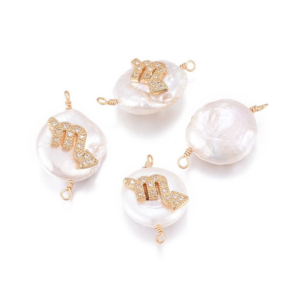 

PandaHall Natural Pearl Links connectors, with Brass Micro Pave Cubic Zirconia Findings, Flat Round with Constellation, Golden, Clear...