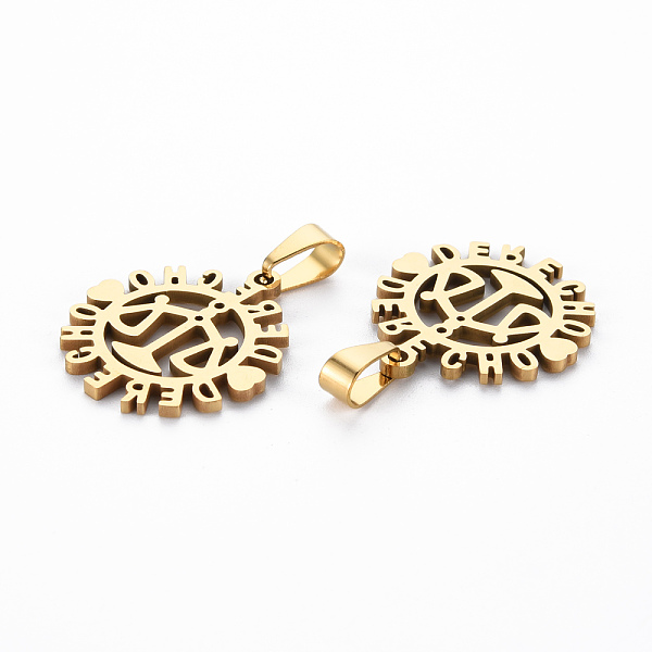 

PandaHall Ion Plating(IP) 201 Stainless Steel Pendants, Cut, Flat Round with Word Derecho, Golden, 22.5x20x1.5mm, Hole: 3x7mm 201 Stainless...