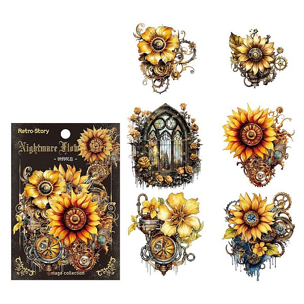 

PandaHall 12Pcs Retro Gear Flower PET Waterproof Self-Adhesive Sticker, Creative Vintage Journal Decoration Material, Yellow, 75x60mm PET...