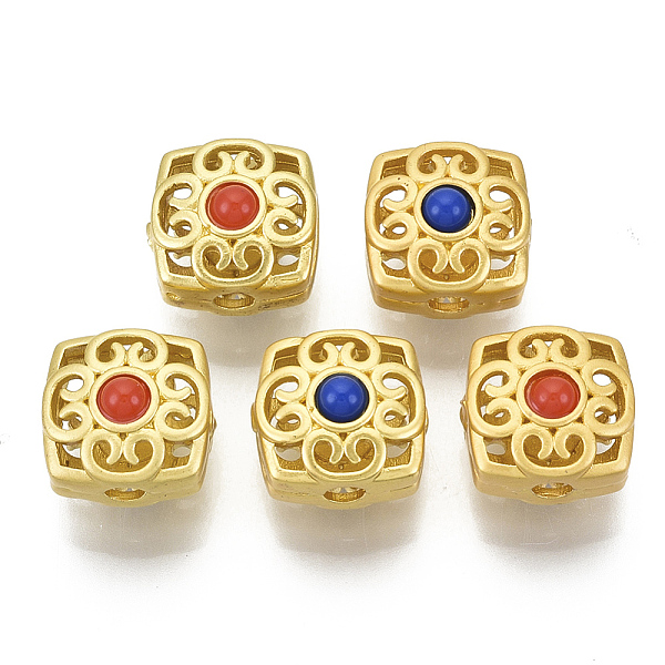 

PandaHall Brass Beads, with Resin, Hollow, Square, Matte Style, Matte Gold Color, Colorful, 10x10x8mm, Hole: 2mm Brass+Resin Square
