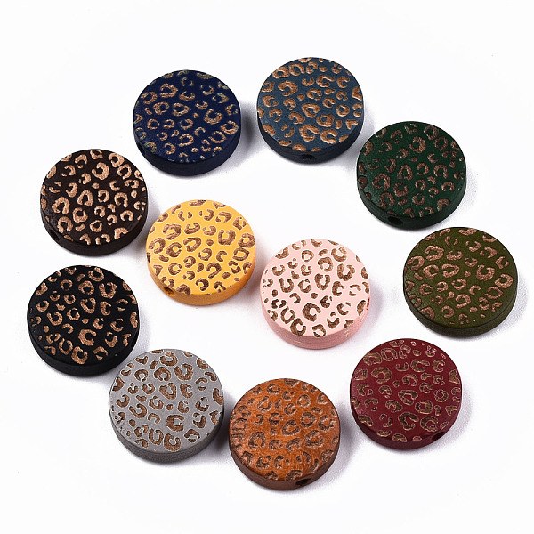 PandaHall Painted Natural Wood Beads, Laser Engraved Pattern, Flat Round with Leopard Print, Mixed Color, 15x4.5mm, Hole: 1.5mm Wood Flat...
