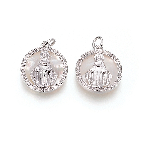 

PandaHall Brass Pendants, with Micro Pave Cubic Zirconia, Shell and Jump Rings, Flat Round with Virgin Mary, Clear, Platinum, 18x16x3mm...
