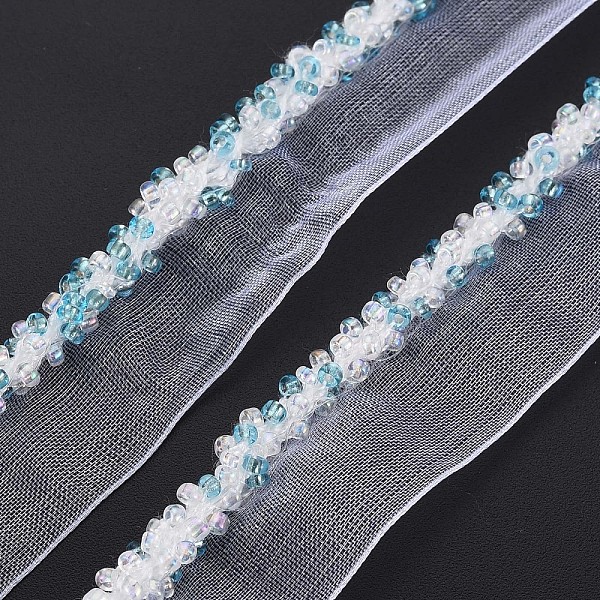 

PandaHall Organza Ribbon, with Glass Seed Beads, Garment Accessories, Sky Blue, 16~19mm Organza None