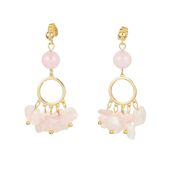 

PandaHall Golden Brass Ring Chandelier Earrings, Natural Rose Quartz Chips Drop Earrings, 46~48mm Rose Quartz Chip