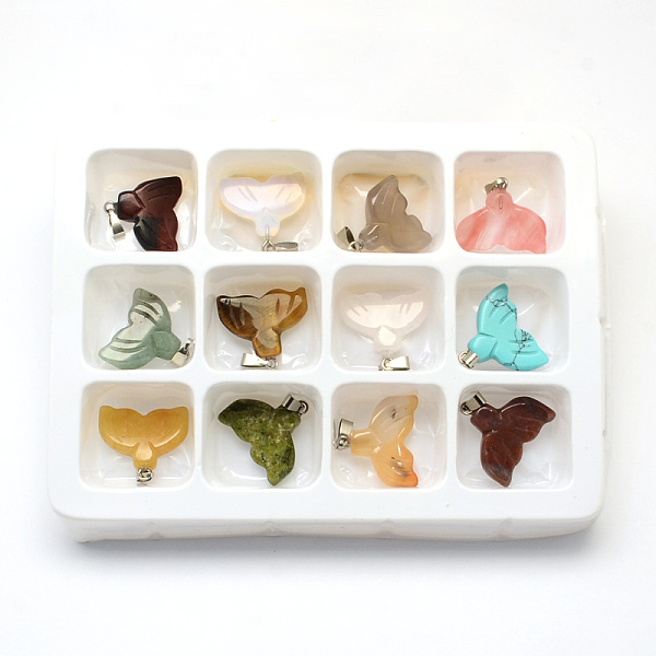 

PandaHall Natural & Synthetic Mixed Stone Pendants, Whale Tail Shape, with Platinum Tone Brass Findings, 19x20x5mm, Hole: 6x2mm, 12pcs/box...