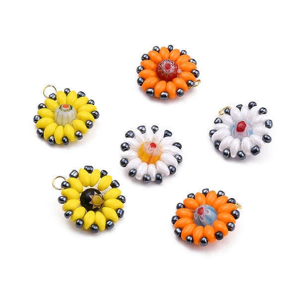 PandaHall Daisy Handmade Czech Glass Woven Beads Pendants, with Millefiori Glass Beads, FGB Round Glass Seed Beads and 304 Stainless Steel...