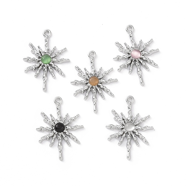 

PandaHall Rack Plating Alloy Cat Eye Pendants, Sun Charms, Platinum, Mixed Color, 28.5x20.5x2.5mm, Hole: 1.6mm Alloy+Cat Eye Sun Multicolor